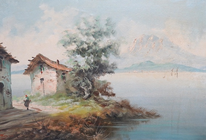 Italian School, oil on canvas, Lakeside landscape with mountains, 46 x 66cm. Condition - fair to good, some surface dirt
